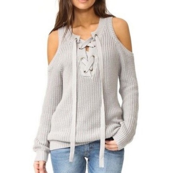 J.O.A. Sweaters - J.O.A cold shoulder lace up sweater in grey